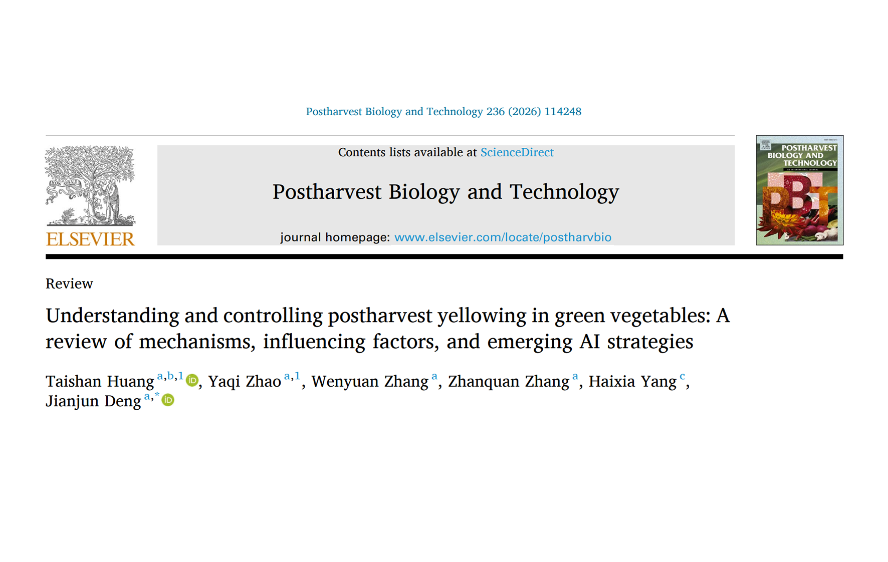 BPT&nbsp;|&nbsp;The Postharvest Processing, Nutrition and Health Group Elucidated the Mechanisms, Influencing Factors, and AI-Driven Control Strategies for Postharvest Yellowing in Green Vegetables