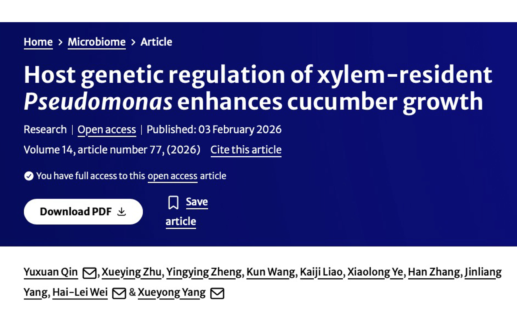 Microbiome | Vegetable Functional Genomics Innovation Team at the Institute of Vegetables and Flowers, Chinese Academy of Agricultural Sciences Reveals New Mechanism by Which Cucumber Recruits Xylem-Resident Bacteria Through Specific Genotypes to Establish a Mutualistic Relationship, Opening a 